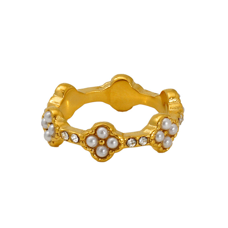 Wholesale Steel titanium ring with rhinestones,  man-made pearl flower ring