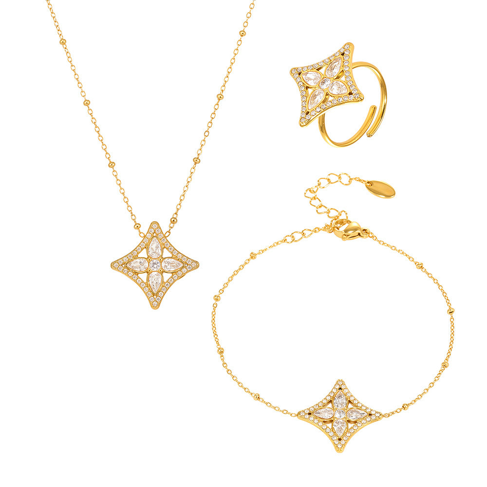 Wholesale Stainless steel  Zircon Rhombus Flower Full Diamond Necklace Bracelet Ring Set