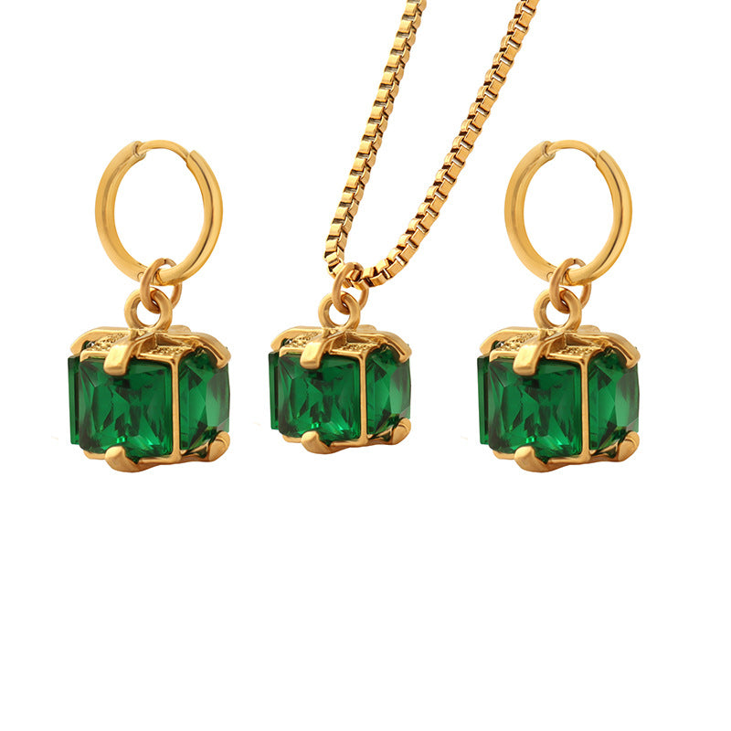 Wholesale Cold Wind Niche Design Titanium Steel Four Claw Buckle Emerald Zircon Necklace Earrings Set,  Fashion Accessory