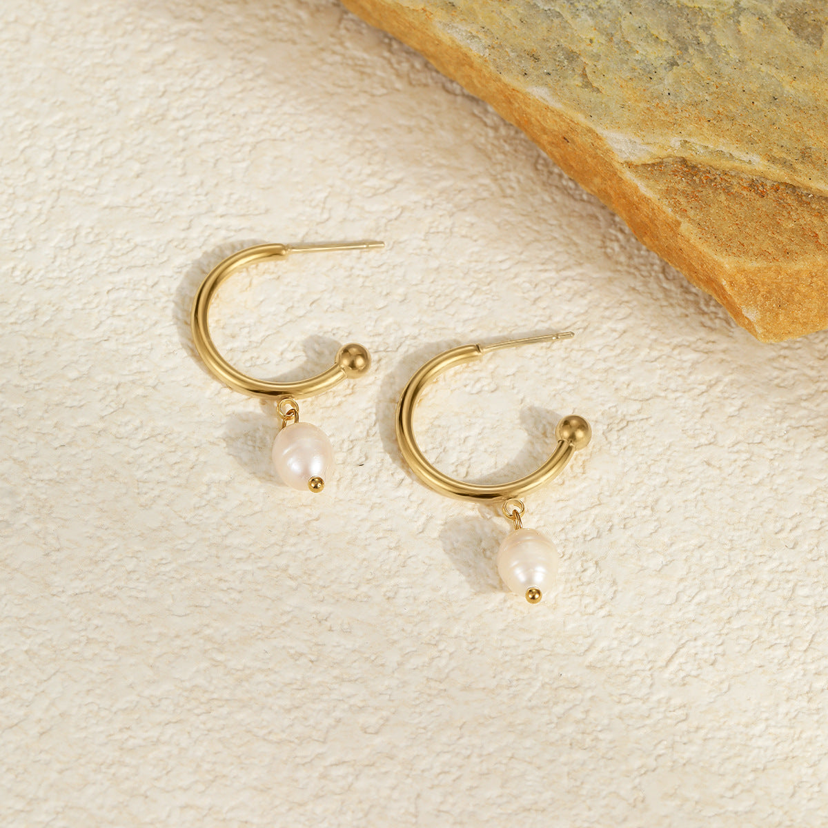 Wholesale  Stainless Steel Plated Real Gold Natural  Pearl Earrings