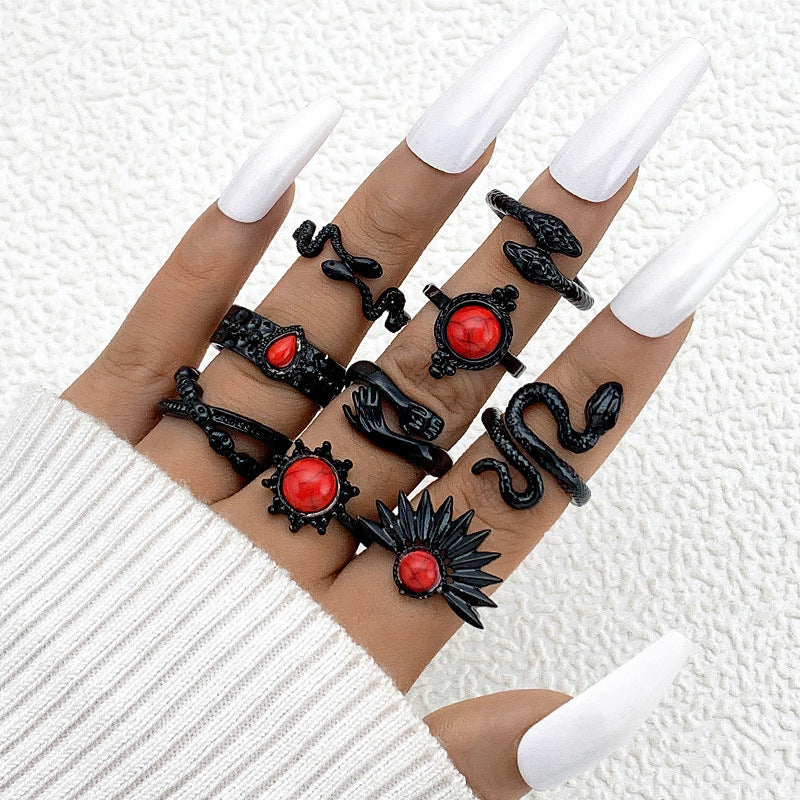 Wholesale Fashion Ring Set Spiral Stacking Black Gemstone Design Alloy Jewelry Accessory for Everyday Wear