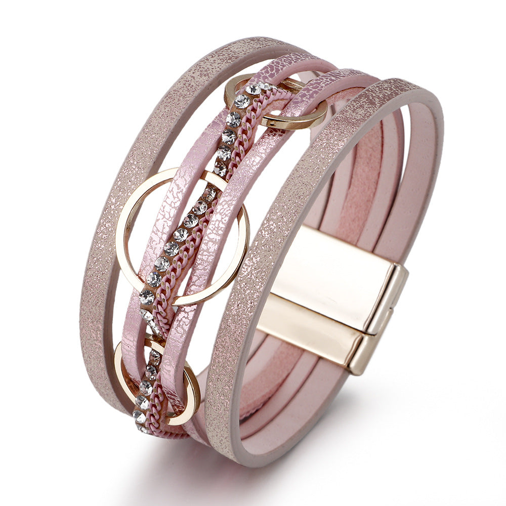 Wholesale Pink PU Leather Women S Layered Bracelet With Magnetic Clasp And Interlocking Rings Stylish Jewelry Accessory For Everyday Wear
