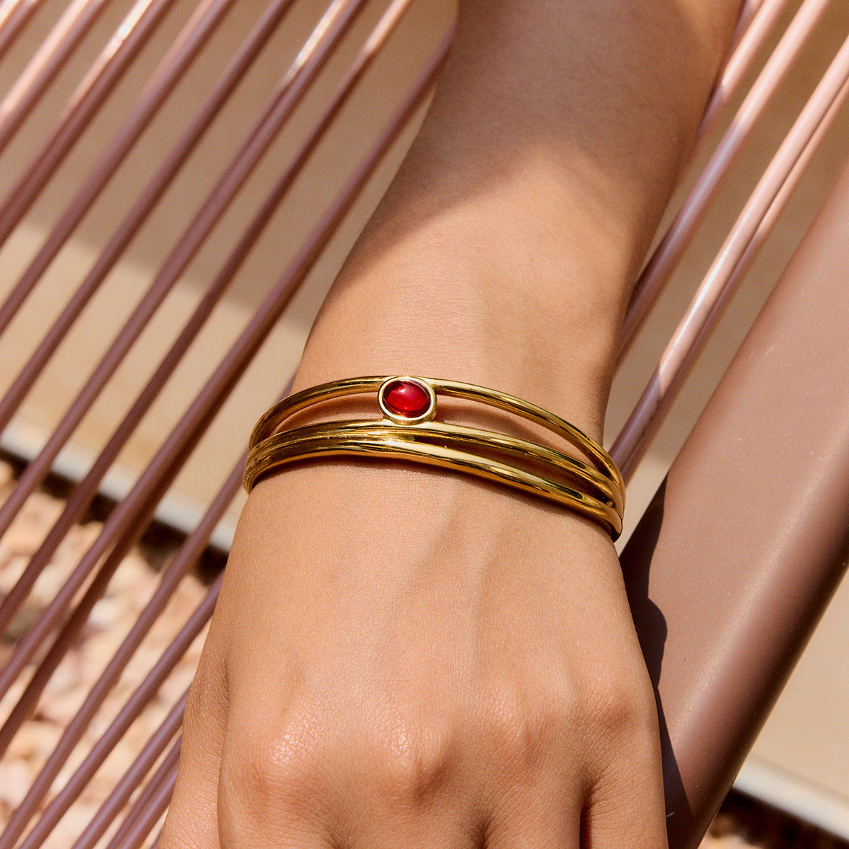 Wholesale 18K gold stainless steel red natural stone three-layer hollow open bracelet jewelry