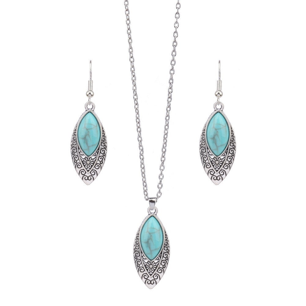 Wholesale Bohemian Turquoise Hollow Geometric Earrings and Necklace Set Fashion Accessory Gift