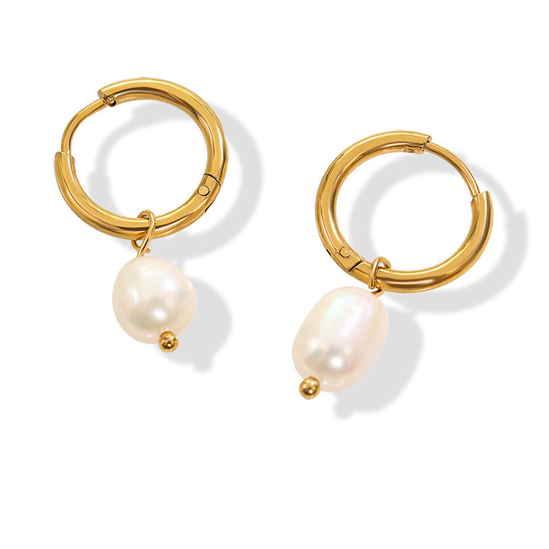 Wholesale French Vintage Freshwater Pearl Hoop Earrings Titanium Steel Gold Plated Jewelry Accessory