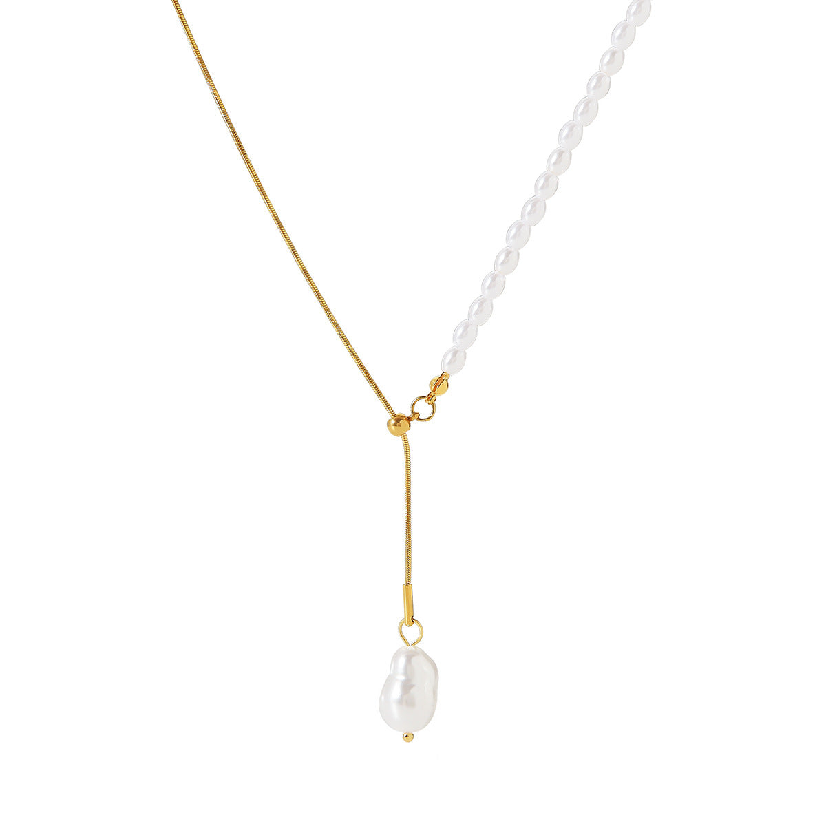 Wholesale pearl chain splicing round snake chain pull-out stainless steel necklace