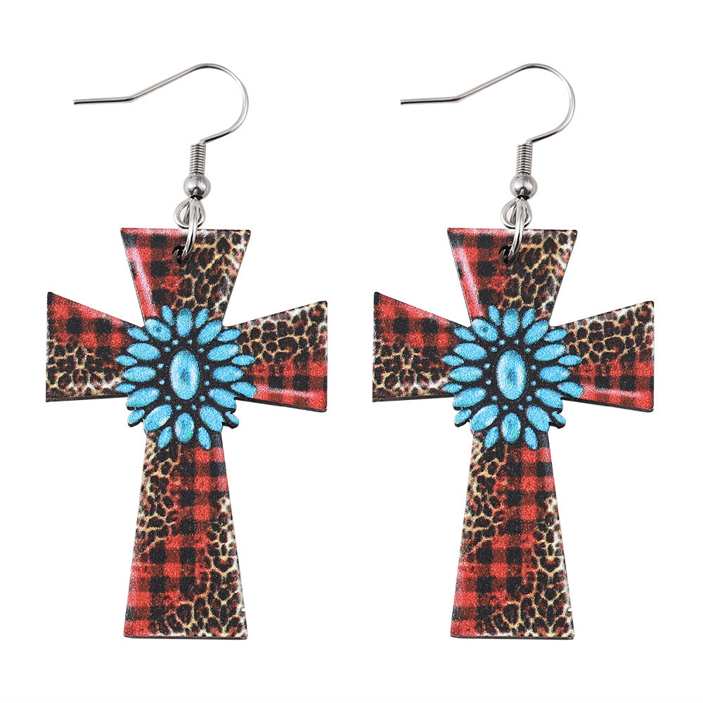 Wholesale Western Style Leopard Plaid Turquoise Cross Pendant Wood Earrings ACC-ES-ChuLian083