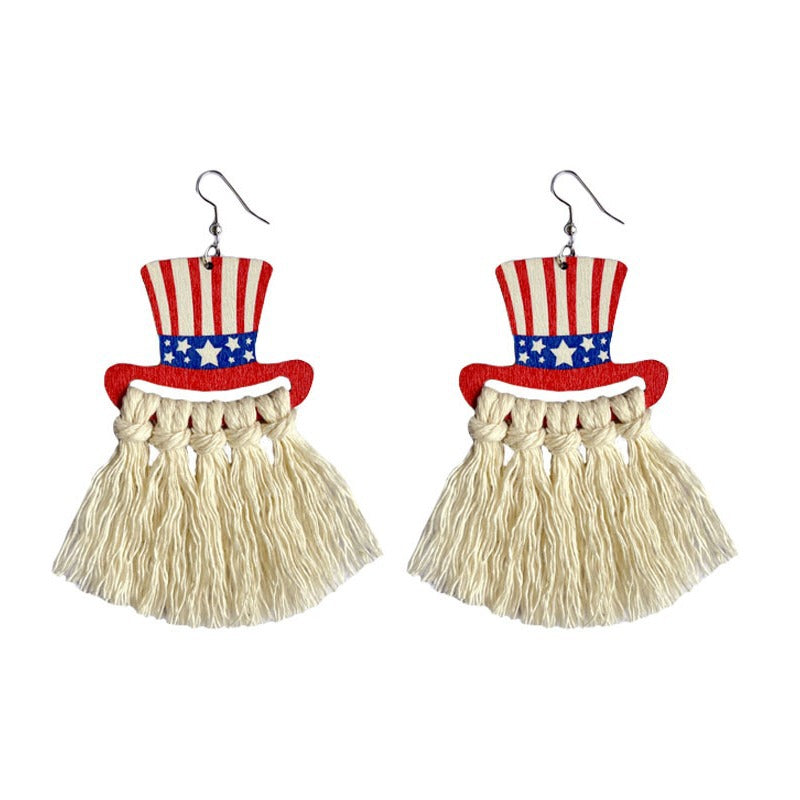 Wholesale 2 Pairs/pack American Independence Day Wooden Flag Hat Hand Woven Tassel Earrings ACC-ES-HY056