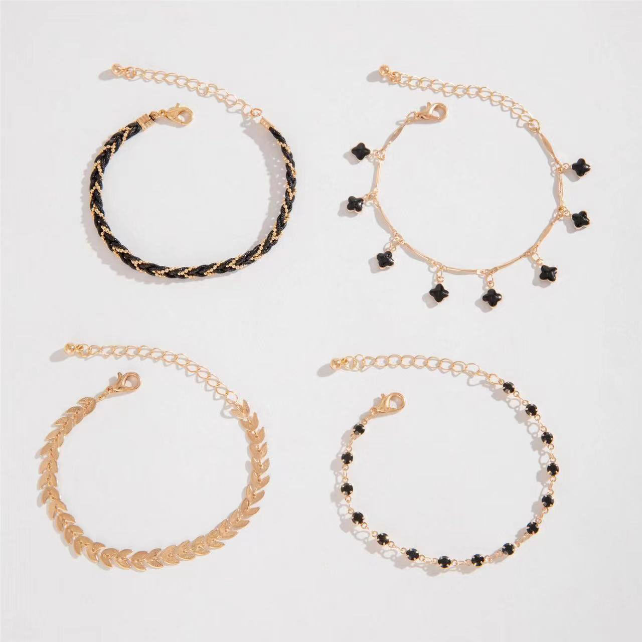 Wholesale Bohemian Black Four Leaf Clover Pendant Bracelet Set Geometric Metal Chain Everyday Fashion Accessory