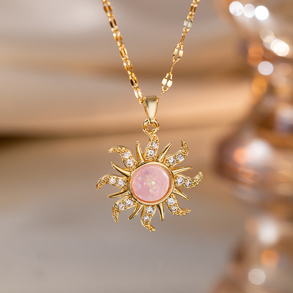 Wholesale  Titanium Steel Necklace Micro Zircon Rainflower Stone Pendant  Clavicle Chain