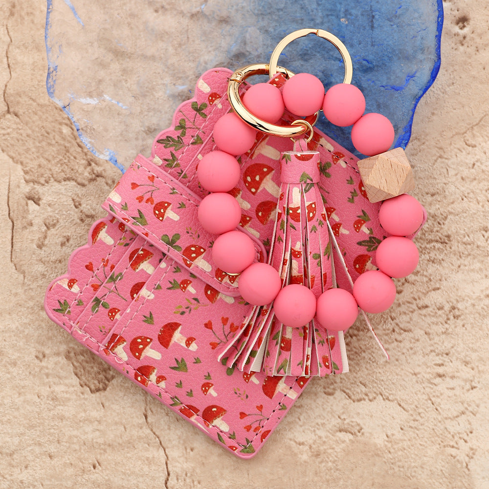 Wholesale  bead  ocean print mushroom leather Wristlet Keychain
