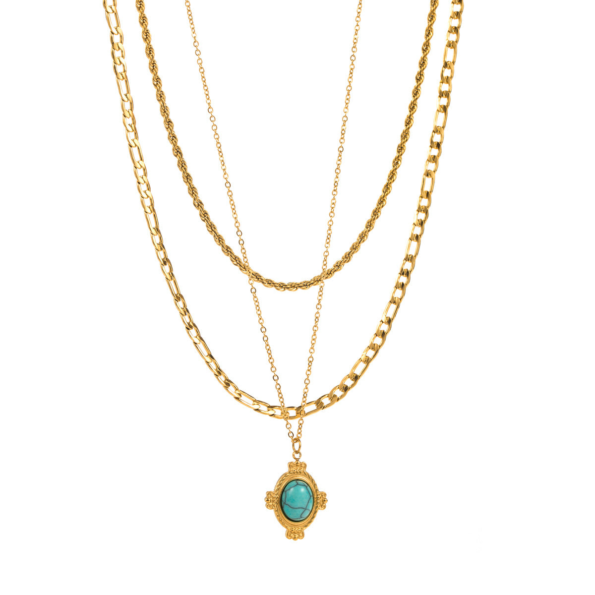 Wholesale Vintage Turquoise Stainless Steel Multi-layer Clavicle Chain Necklace ACC-NE-BP001