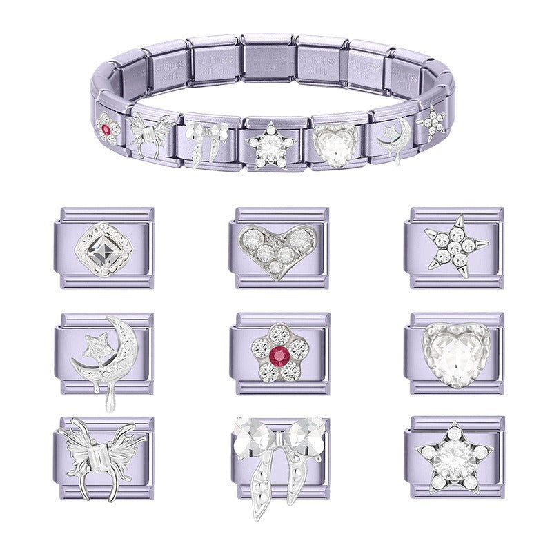 Wholesale Italian Style DIY Bracelet Set with Purple Hearts Stars Bowknot Crystal Pendant for Boutique Resale