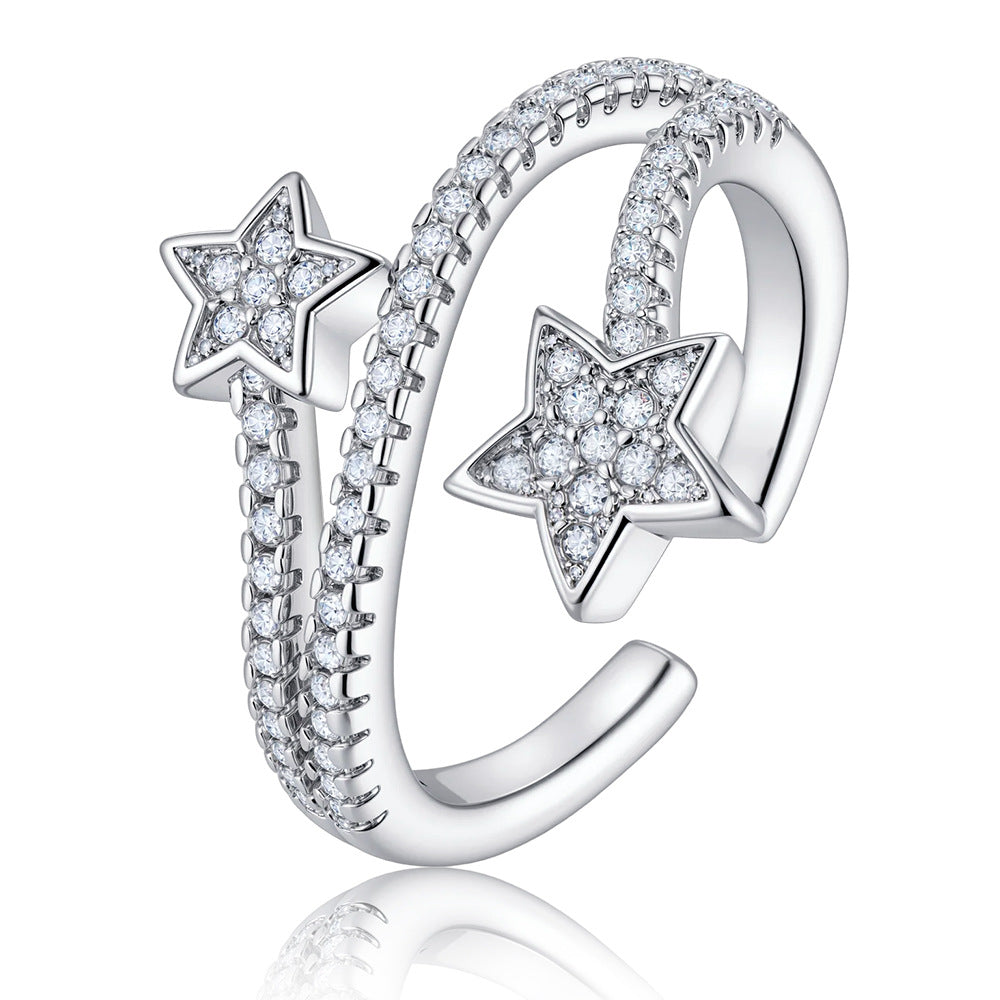 Wholesale Chic Five Point Star Open Ring Silver Adjustable Copper Zircon Jewelry Fashion Accessory For Boutique Resale