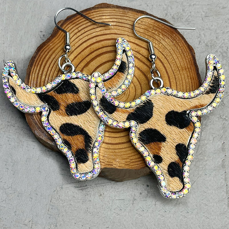 Wholesale 2pcs/ Pack Leather Western Style Rhinestone Bull Head Earrings