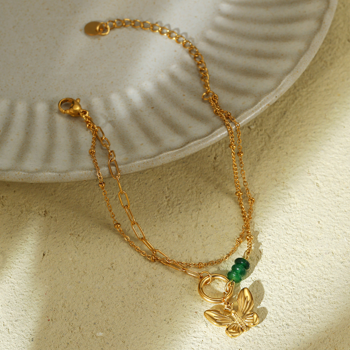 Wholesale  Natural Stone Green Beaded Butterfly Stainless Steel Bracelet