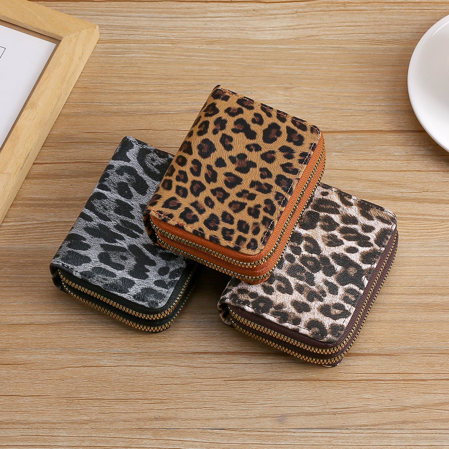 Wholesale Retro Leopard Print PU Coin Purse Double Zipper Card Holder Fashion Accessory Boutique Gift