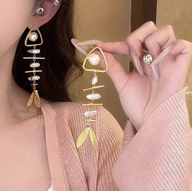 Wholesale Fishbone Pearl Tassel Earrings Seaside Vacation Style Fashion Accessory