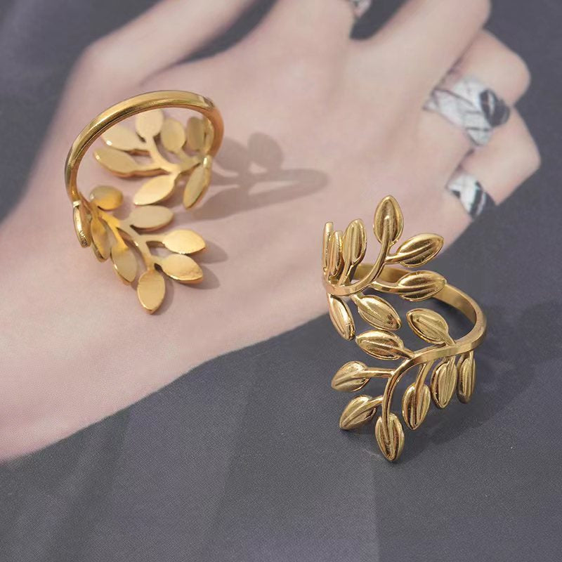 Wholesale Titanium Steel Open Ring Leaf Shape Adjustable Ring