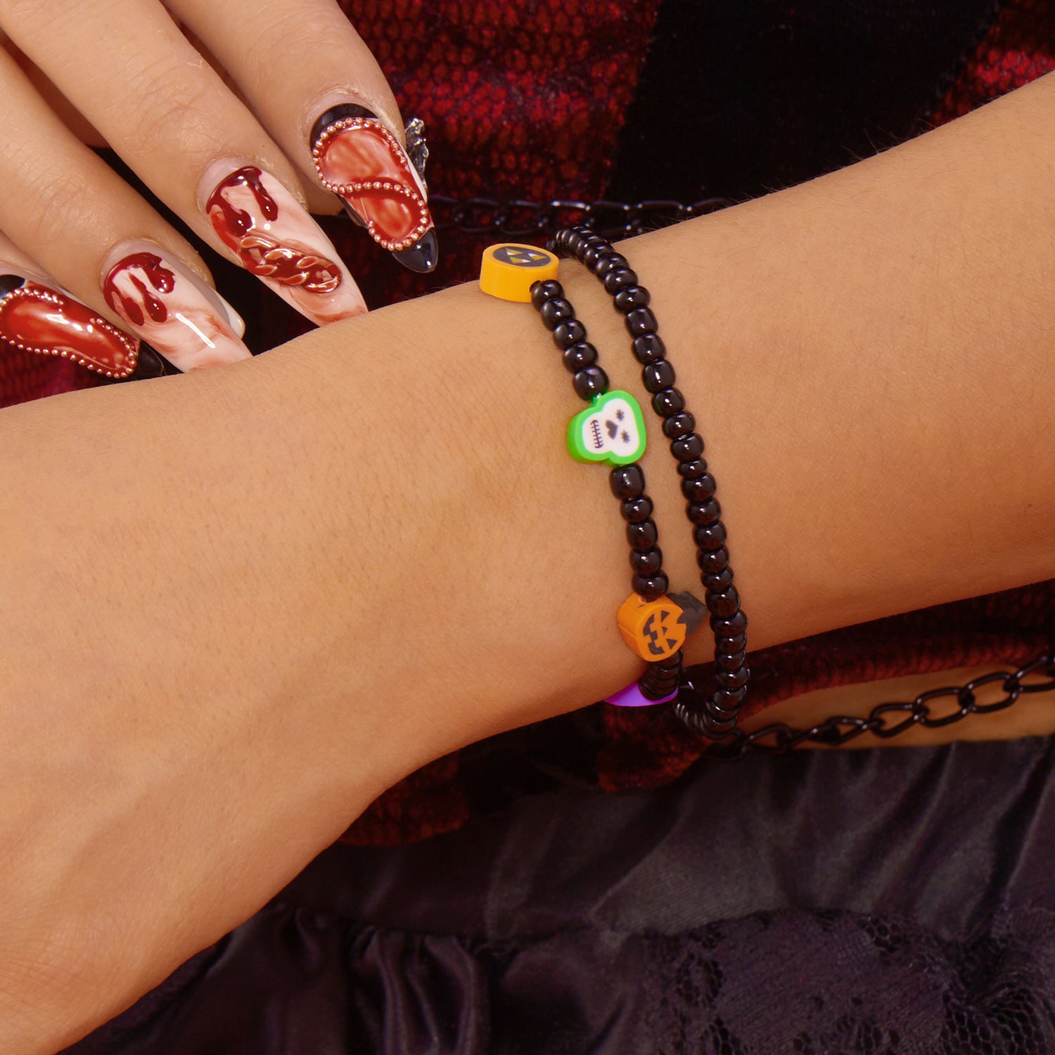 Wholesale rice beads orange pumpkin skull pendant hand jewelry set