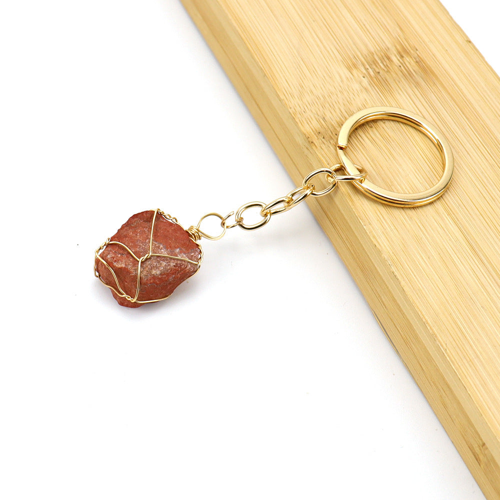 Wholesale Gold Wire Wound Natural Crystal Rough Stone Keychain ACC-KC-HanX006