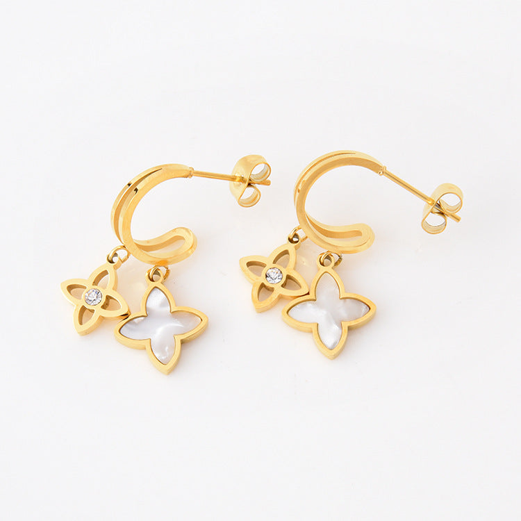 Wholesale Titanium Steel full diamond round pendant mid-length flower earrings