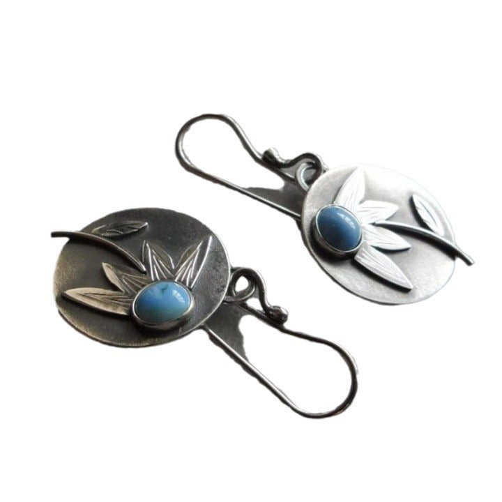 Wholesale blue turquoise earrings retro ethnic style ancient metal plant flower drop earrings