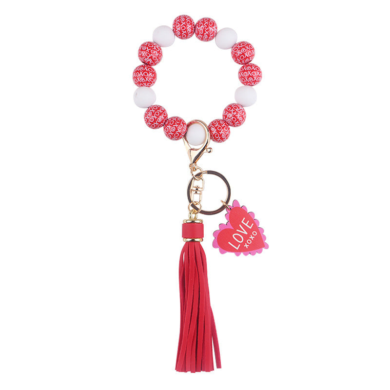 Wholesale Leather PU Tassel Valentine's Day Wooden Beaded Bracelet Keychain