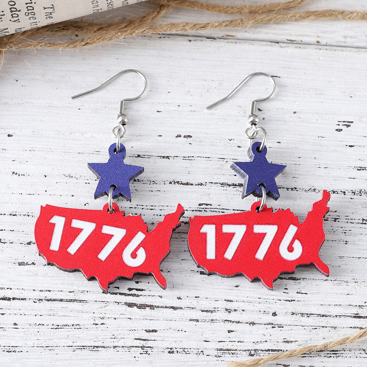 Wholesale Red, White, Blue 1776 Star USA Map Pendant Earrings