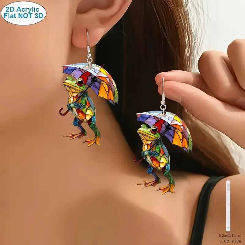 Wholesale  Rainbow Frog with Umbrella Flat 2D Acrylic Earrings