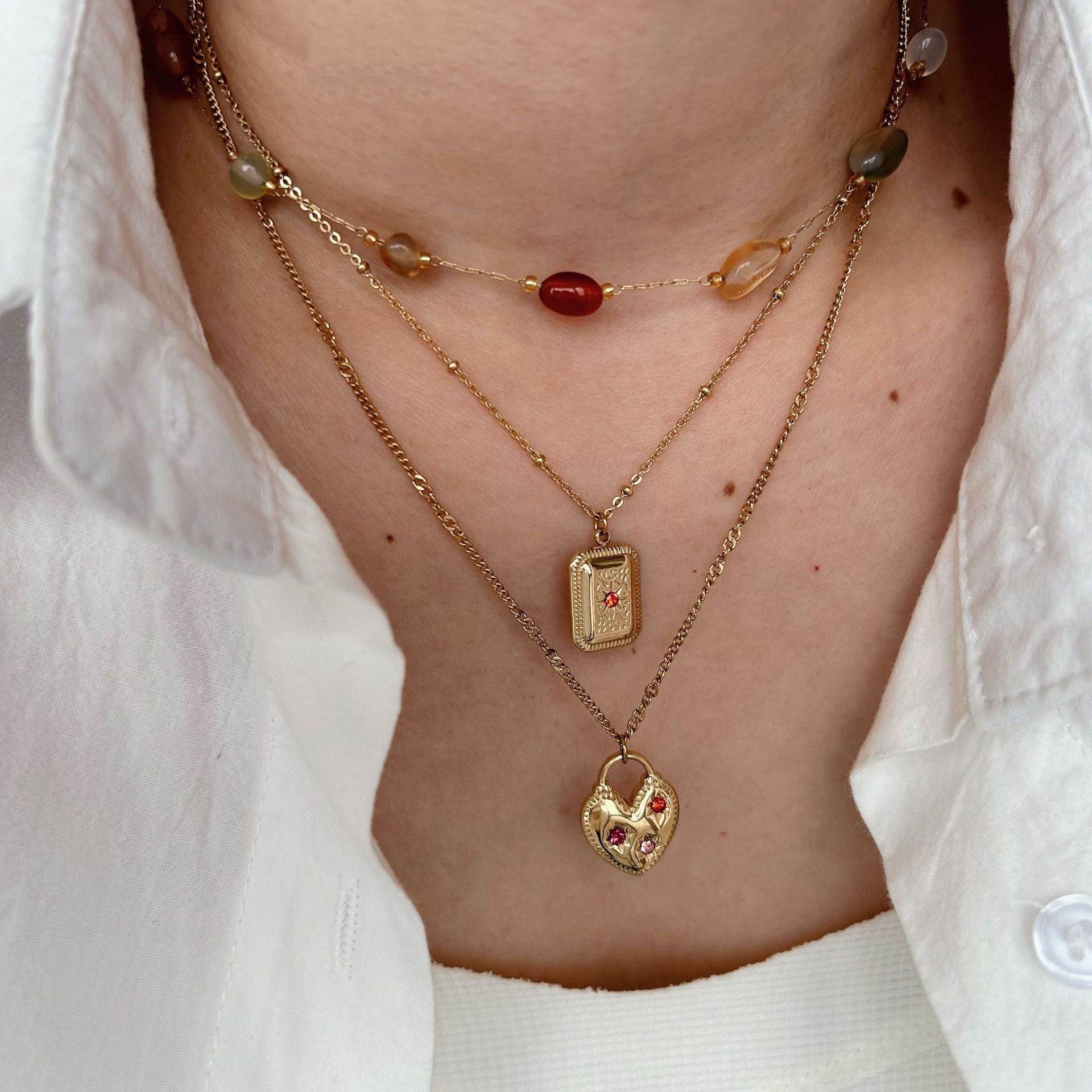 Wholesale  Stainless Steel Powder Diamond Love  Necklace Natural Stone Beaded Jewelry