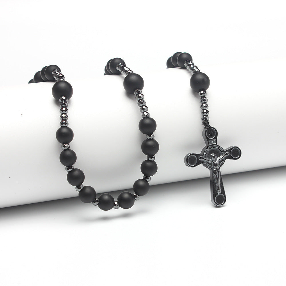 Wholesale  black agate round beads black gallstone cross  long sweater chain