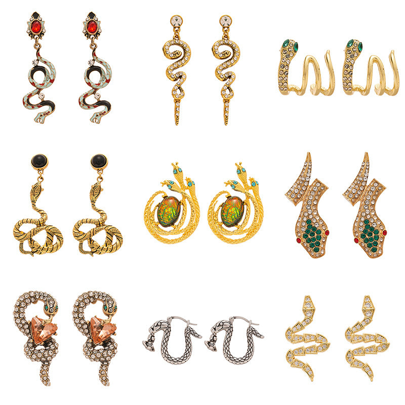 Wholesale Personality Exaggerated Oil Drop Diamond Small Snake Silver Earrings