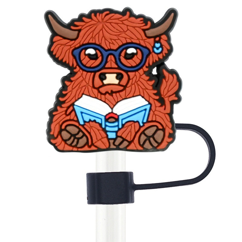 Wholesale Random 100pcs Cartoon Highland Cow  10mm PVC Soft Straw Tube Cap