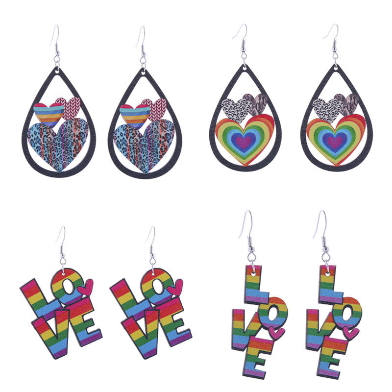 Wholesale Seven Color LOVE Rainbow Wooden Earrings