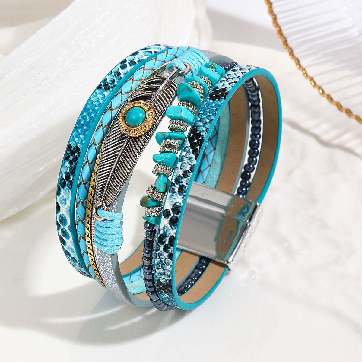Wholesale Unisex Bohemian Faux Leather Feather Magnetic Bracelet Business Gift Jewelry Accessory