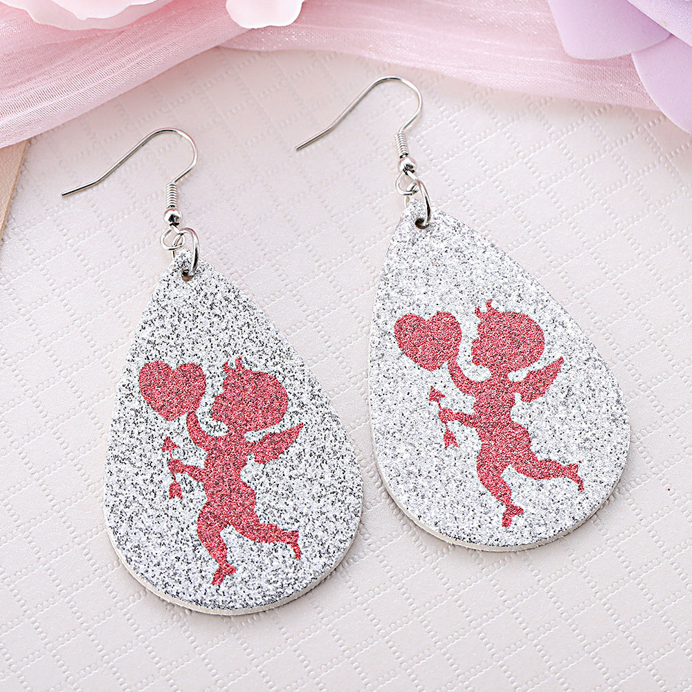 Wholesale Valentine's Day Eros Love Silver Sequin Water Drop Ear Leather Earrings