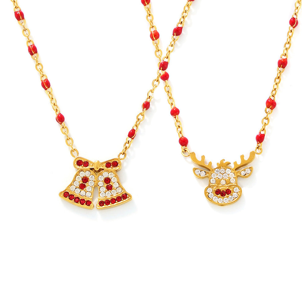 Wholesale Stainless Steel Christmas Bell Elk Zircon Necklace