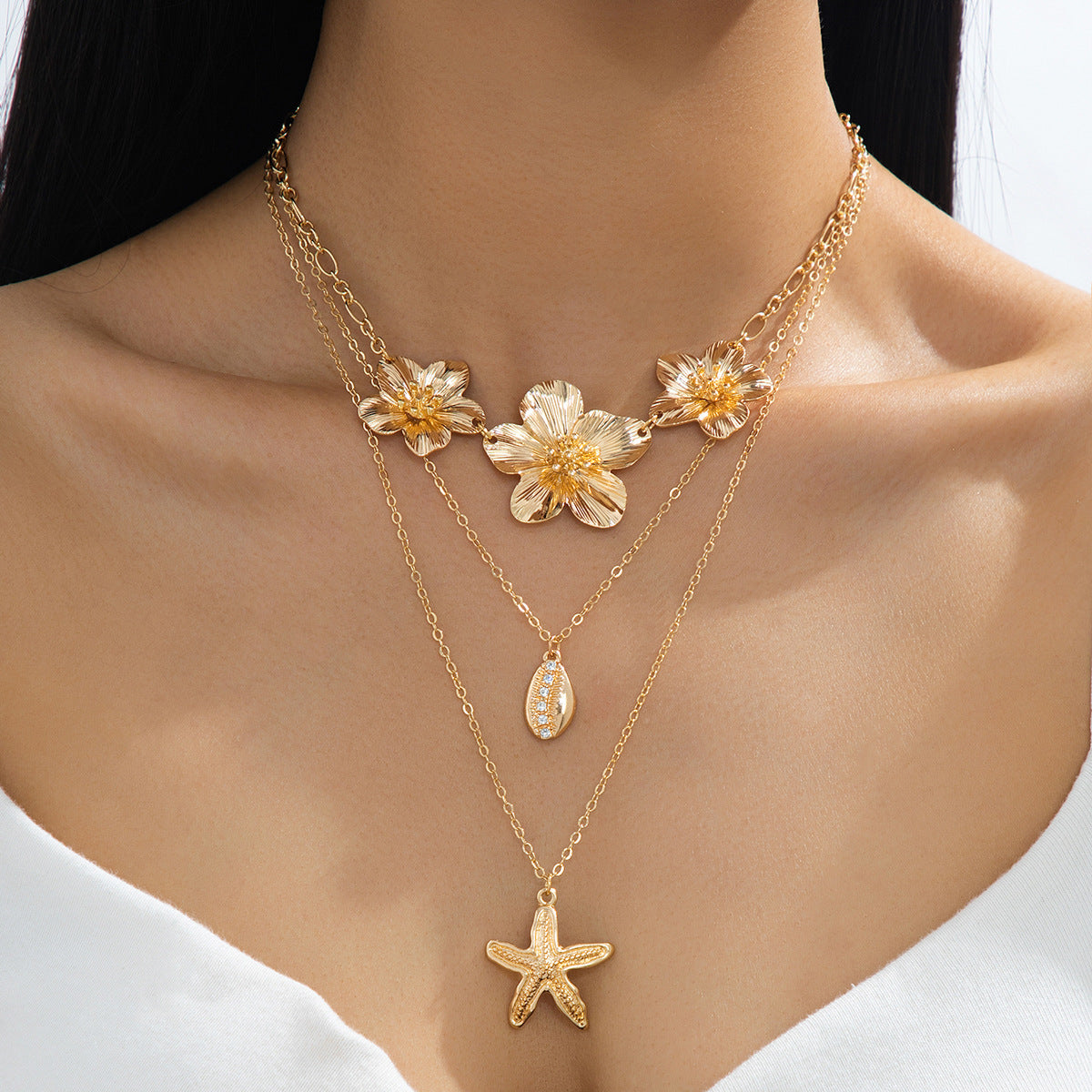 Wholesale Zinc Alloy Layered Collarbone Necklace Flower Starfish Shell Pendant For Beach Vacation Women S Boutique Jewelry Accessory