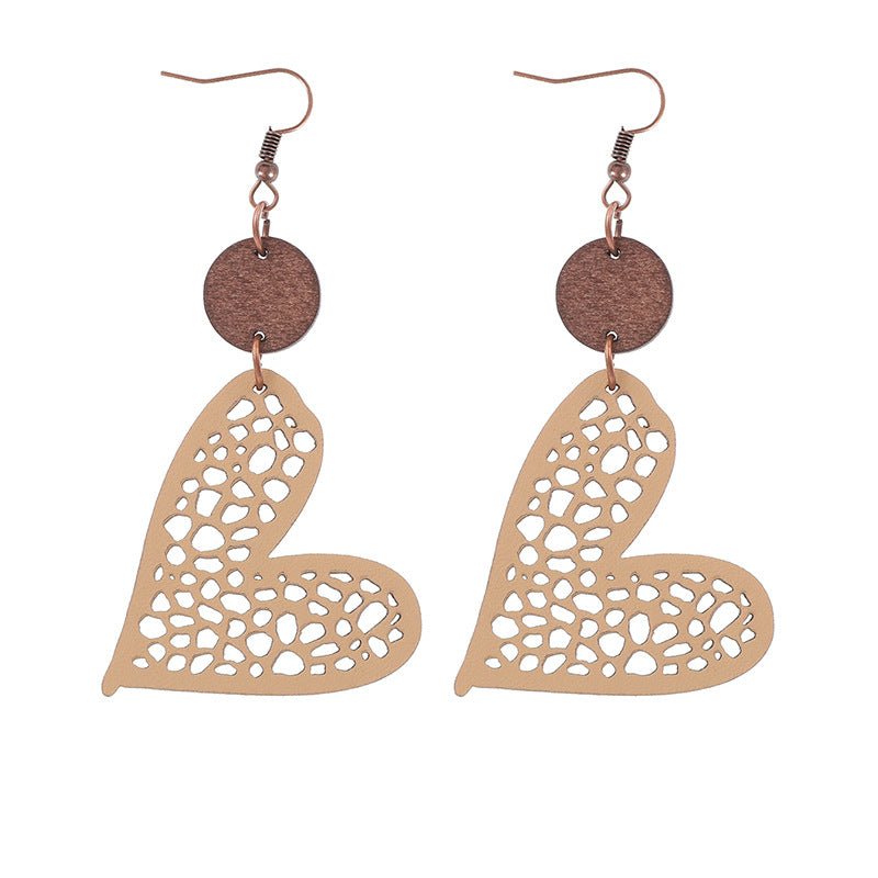 Wholesale Valentine's Day Love Wood Pieces Hollow Mesh Leather  Earrings