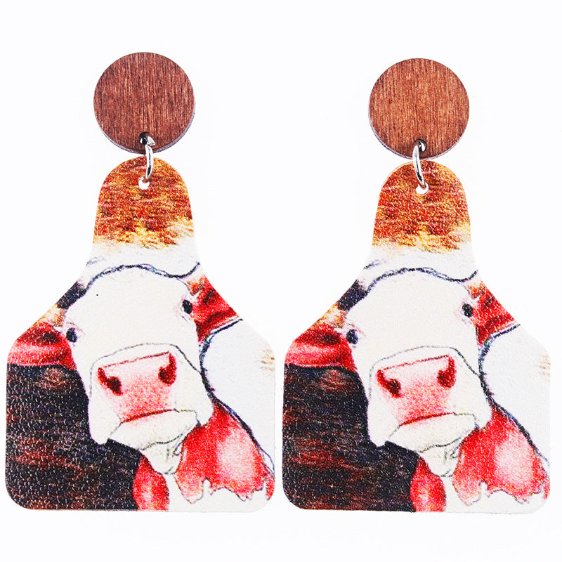 Wholesale Western Old Style Cow Sunflower Leopard Print Leather Bottle Shape Wooden Disc Splicing Earrings