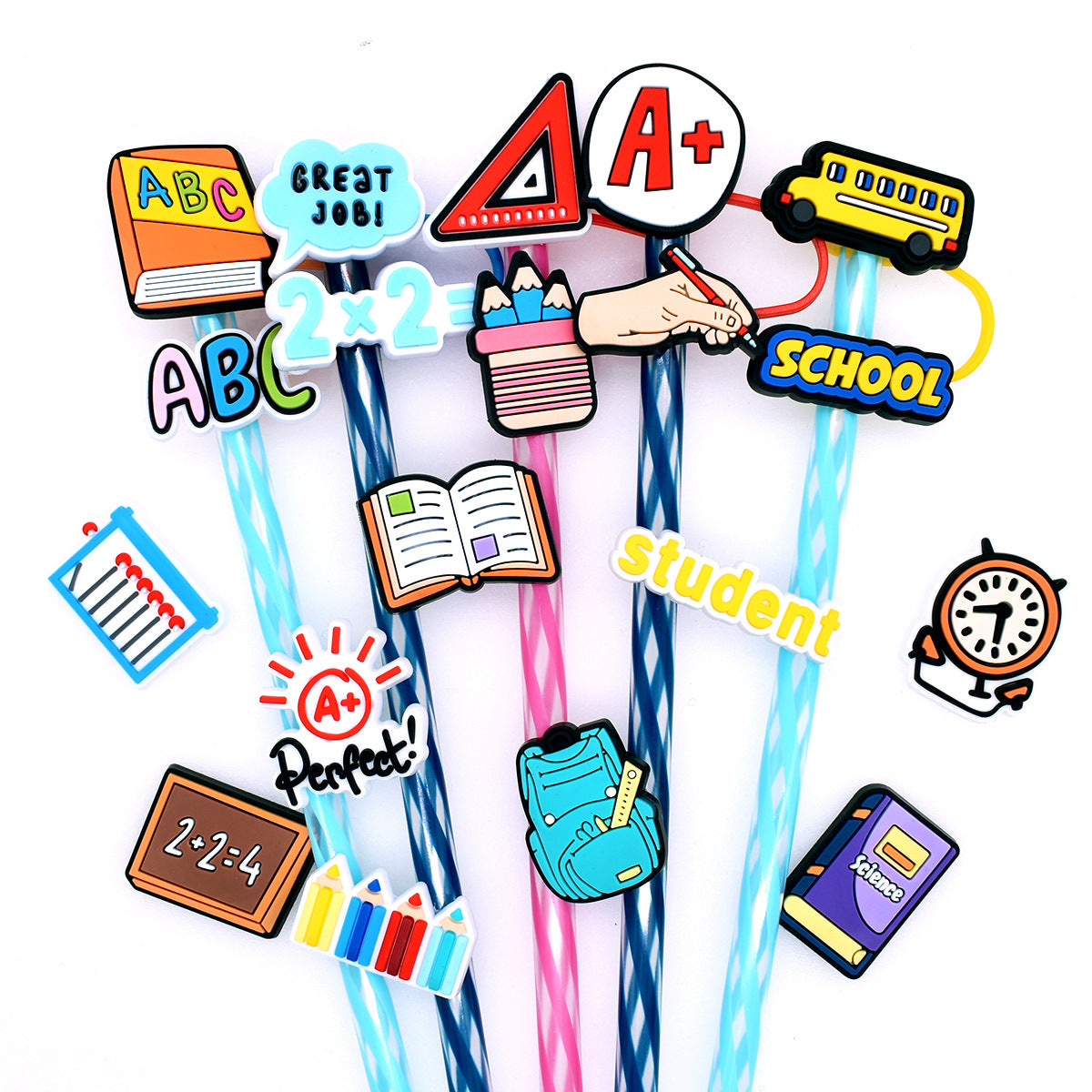 Wholesale Random Color 100pcs School Season Pencil Books Straw Tube Cap 10mm Soft Glue Straw Decoration Straw Cover ACC-SCR-RYY028