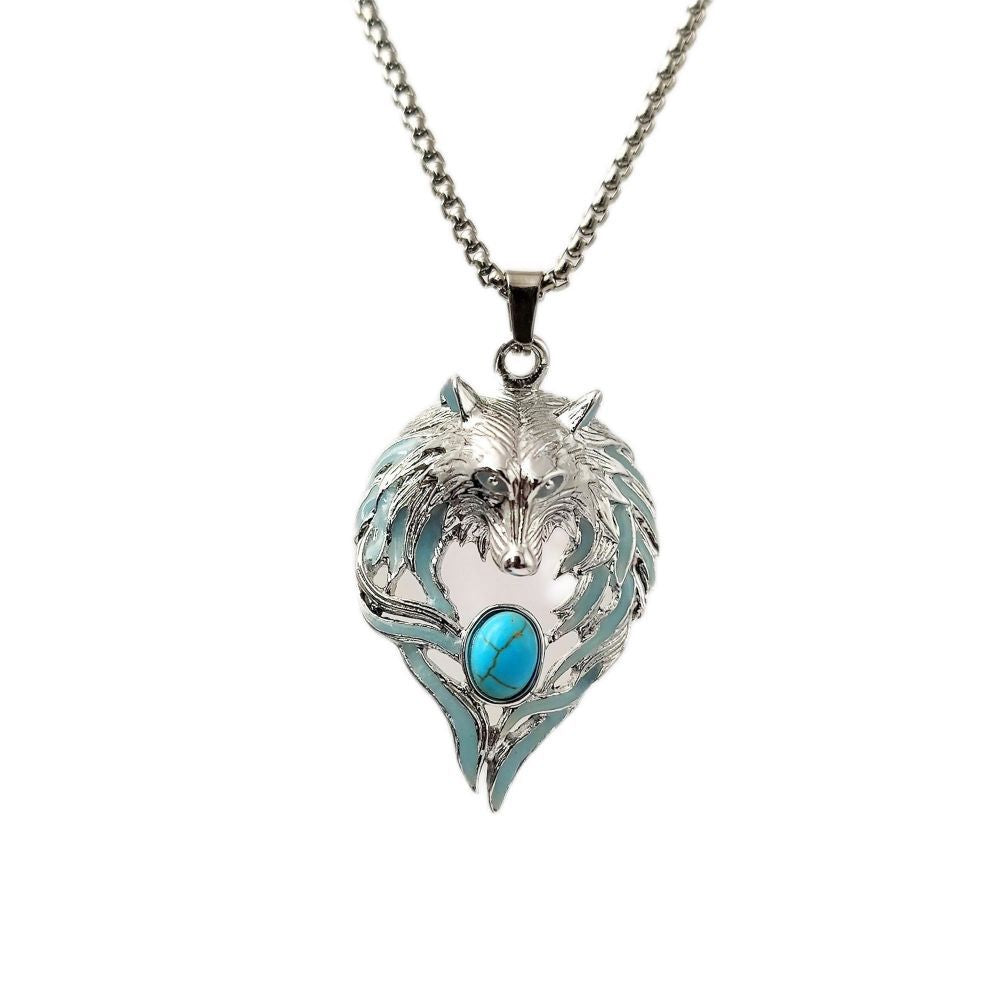 Wholesale Dark Wolf Head Vintage Turquoise Diamond Luminous Men' s Pendant