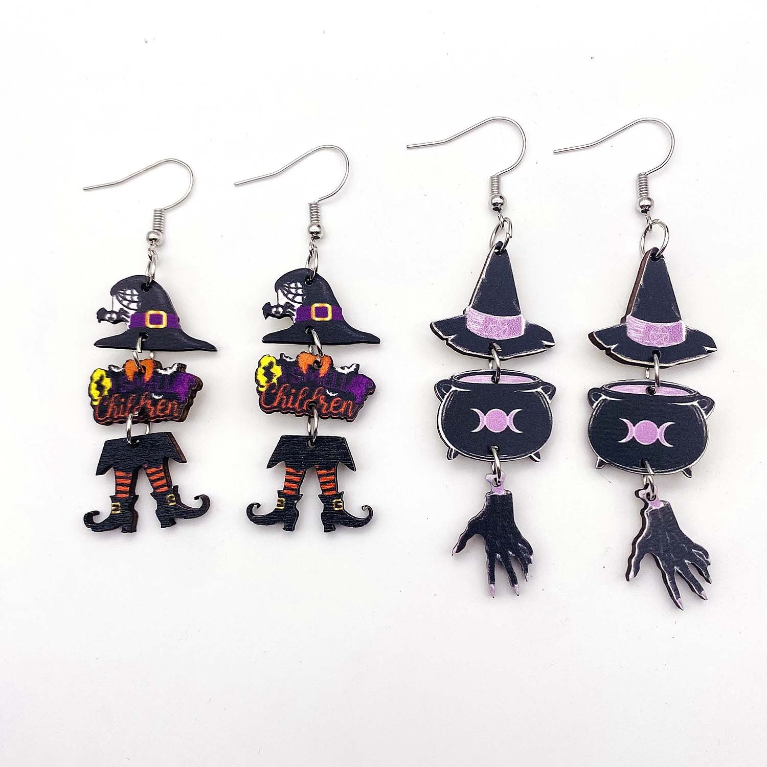 Wholesale Halloween Horror Pumpkin Bat Skull Wood Earrings ACC-ES-ChenY046