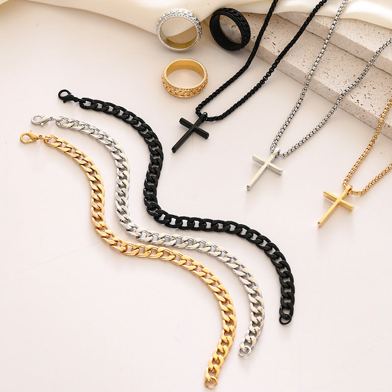 Wholesale Stylish Black Cross Crown Roman Numeral 3 Piece Jewelry Set Necklace Bracelet Ring Fashion Accessory Gift
