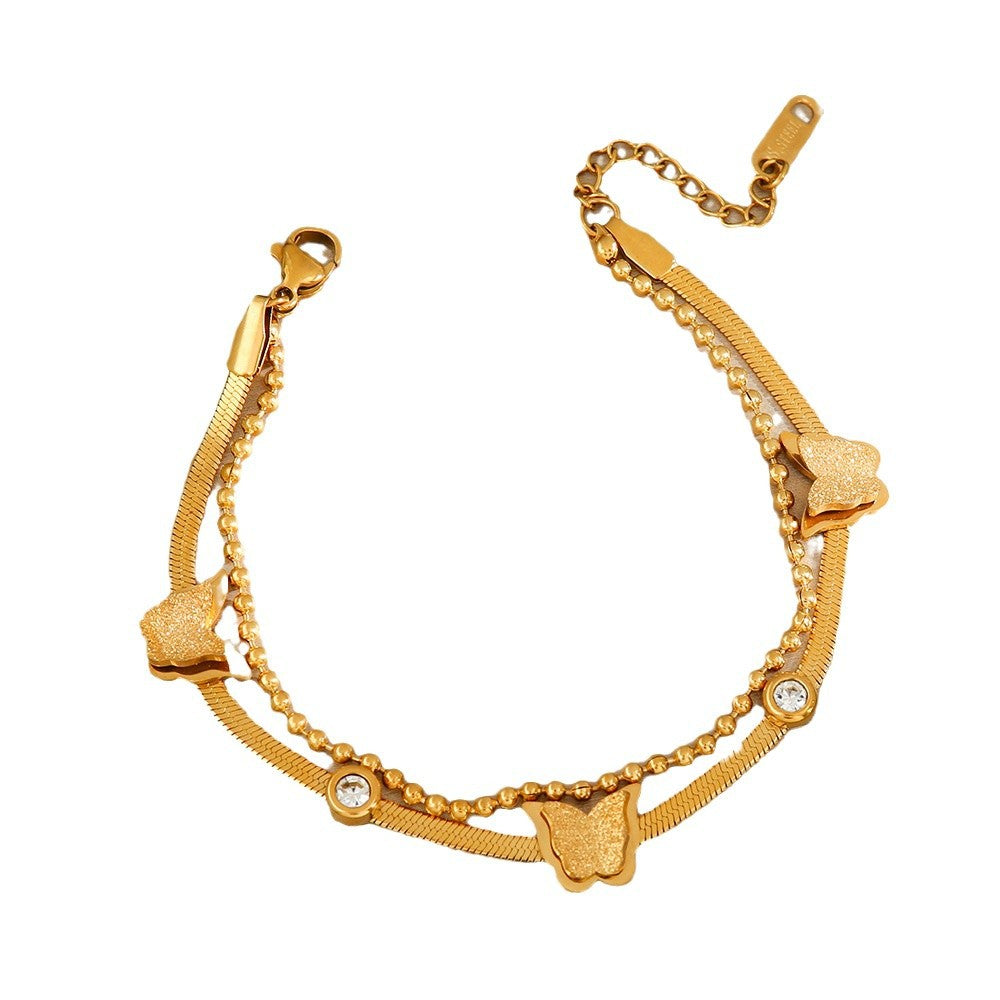 Wholesale  Titanium Steel Bracelet Women's Light Luxury Personalized Double-layer Butterfly Frosted Bracelet