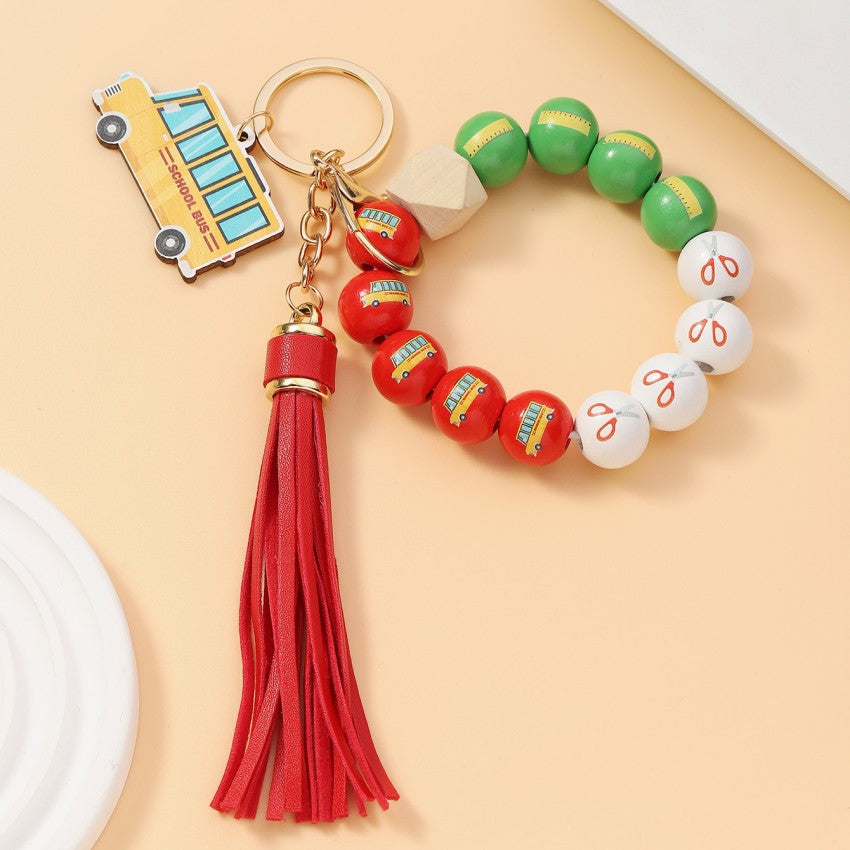 Wholesale Acrylic Fresh Color Tassel Apple Wood Brand Beaded Bracelet Keychains Wristlet Keychain ACC-KC-RongR069