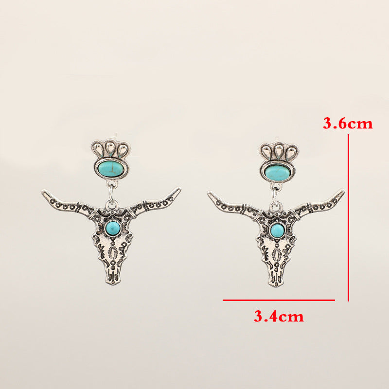 Wholesale Retro Creative Carved Turquoise Bull Head Earrings