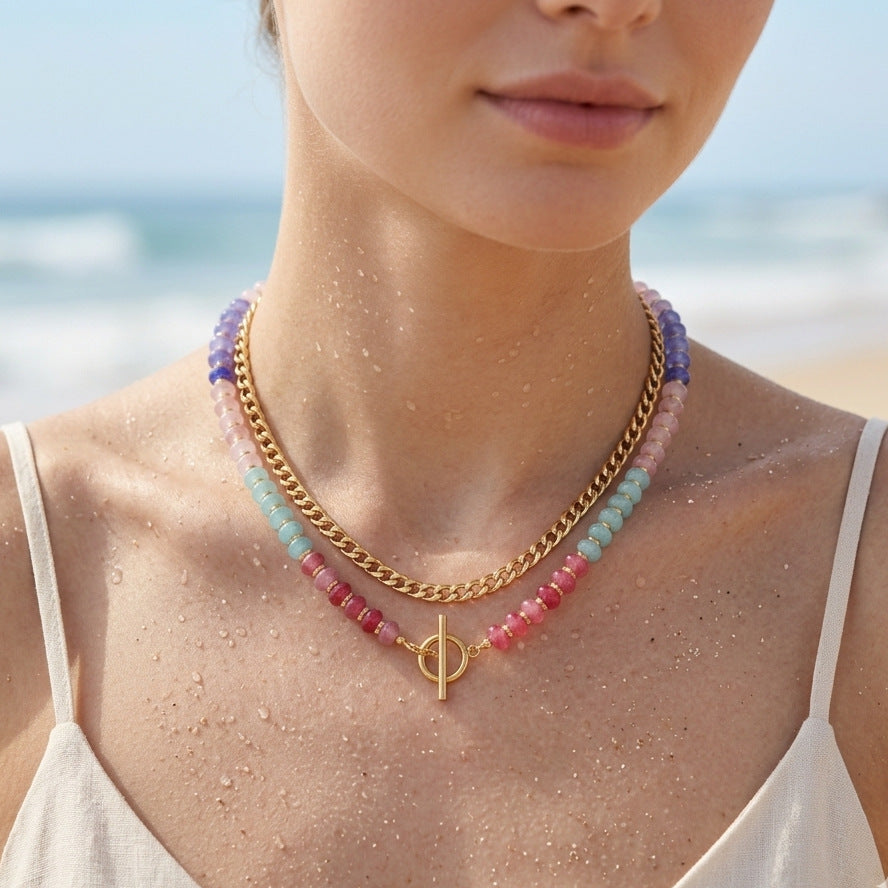 Wholesale Stainless Steel Cuban Chain Necklace Double Layer Natural Stone Abacus Beads Dopamine Style Jewelry Accessory For Women Boutique Gift