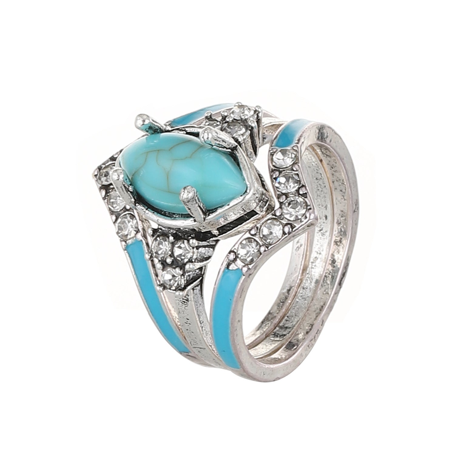 Wholesale Creative Retro Turquoise Set with Diamond Three-piece Set Women' s Set Ring